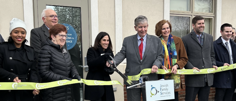 Jane Ginsburg, President and CEO of JFS, is flanked by elected officials celebrating the opening of the JFS Center for Counseling & Resilience. (Left to Right): Albany Mayor-Elect Dr. Dorcey Applyrs, Albany Mayor Kathy Sheehan, Garry Sanders, JFS Board Chair, Ginsburg, former state Senator Neil Breslin, Senator Patricia Fahy, Albany County Deputy Executive Mike McLaughlin, and Assemblymember Phil Steck's Legislative Director Dylan MacQuoid.